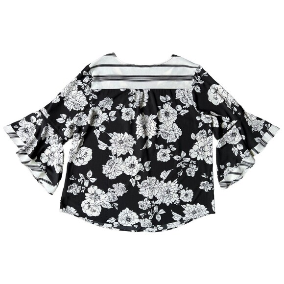 Valerie Stevens XL Black & White Floral Bell Sleeve Blouse, Crepe Top NEW NWT - Picture 3 of 9